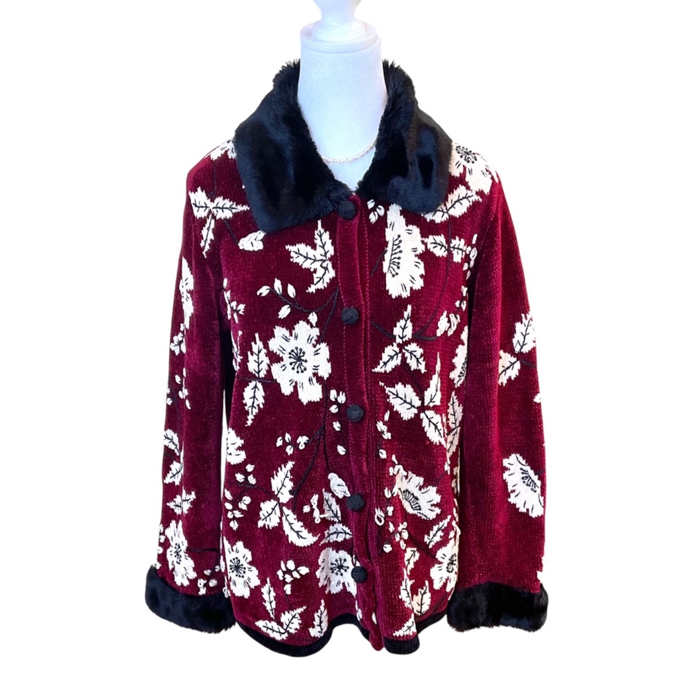 Chenille Cardigan Sweater Burgundy Multi Faux Fur Trim (S)